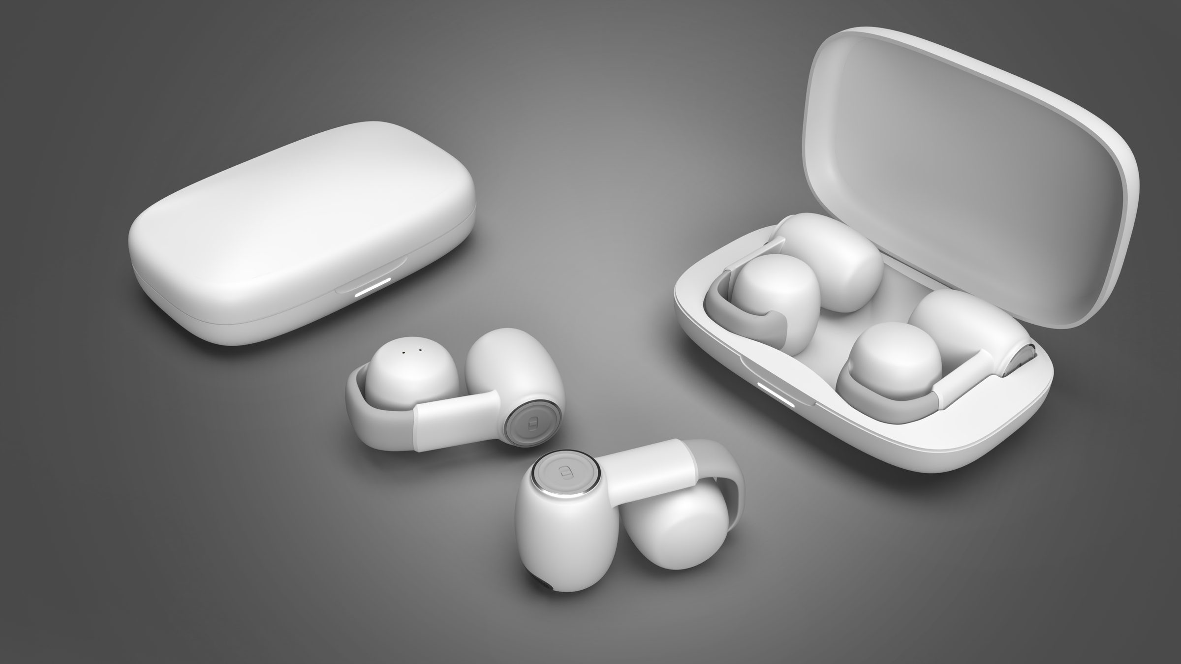 White adjustable open-wear earbuds with their charging case