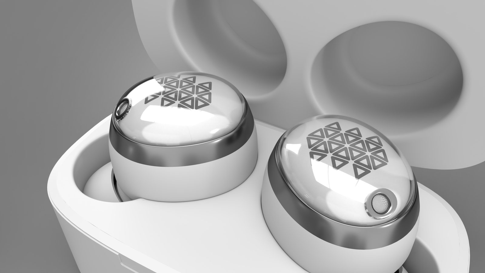 Close-up of mirror-finish earbuds with an etched triangle pattern in a white case