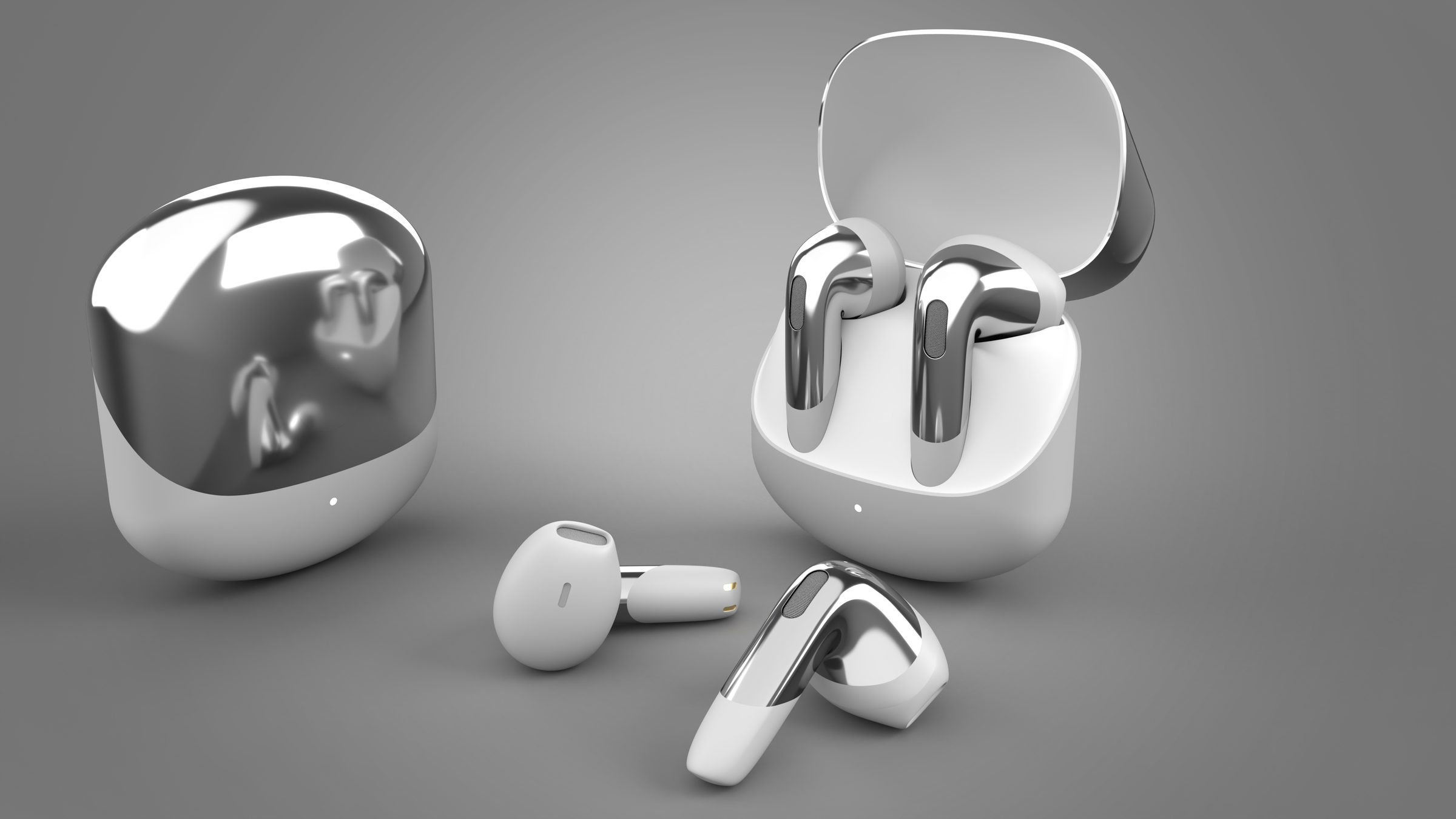 Chrome and white semi-open true wireless earbuds with their charging cases